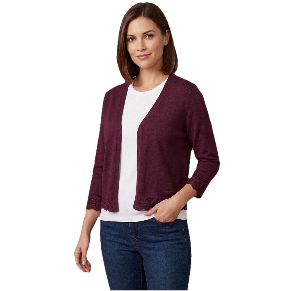 Nina Leonard Cardigan XL Deep Wine Open Front Shrug Pointelle Crochet Trim NWT